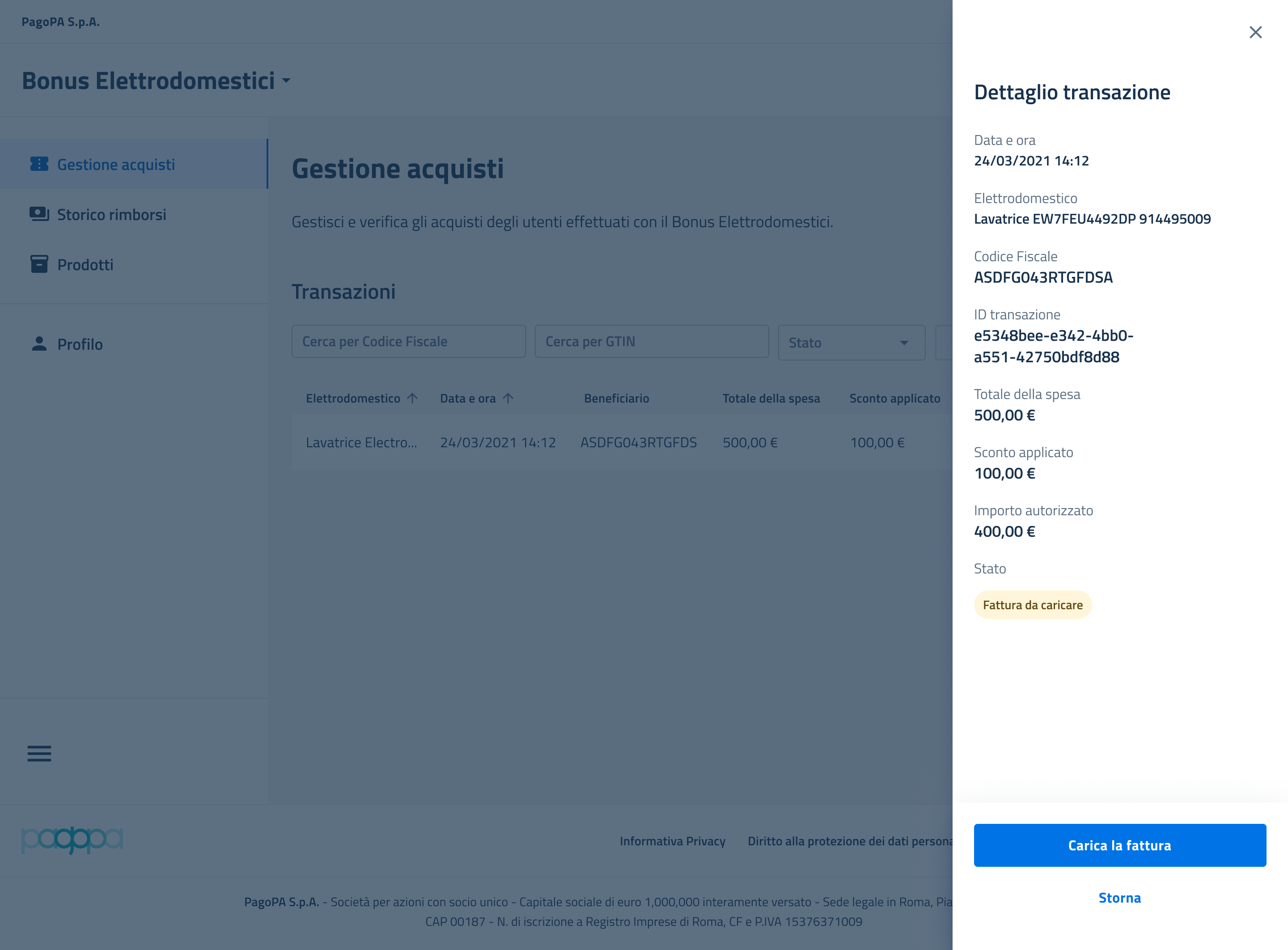 Dettaglio di una transazione, su cui compare il pulsante "Carica la fattura" o "Storna"